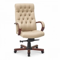 Кресло для руководителя Статус / Status натуральная кожа с компаньоном светло-бежевая Savanna NL63/ дерево - тёмный орех